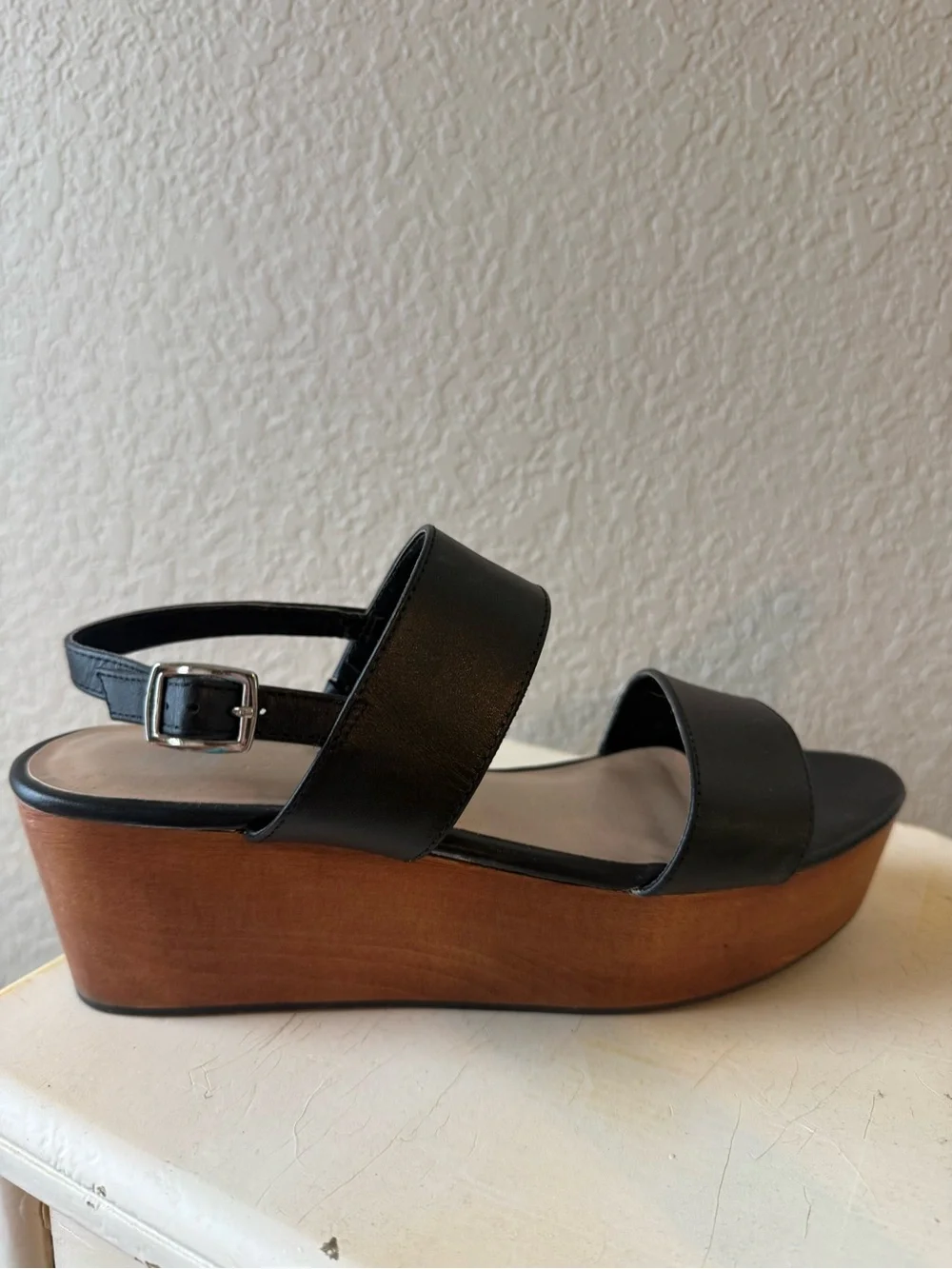 J. Jill Black Leather Platform Sandal with Wood-Tone Wedge